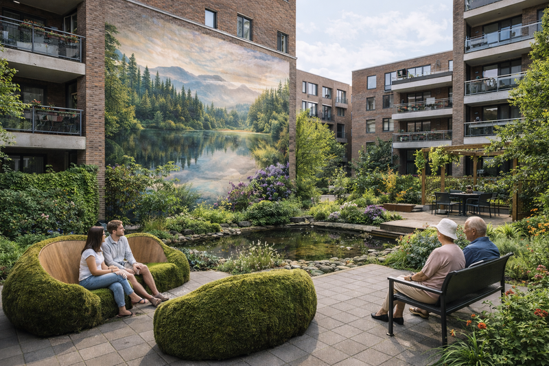 Visualisatie van een collectieve tuin met een groot kunstbeeld