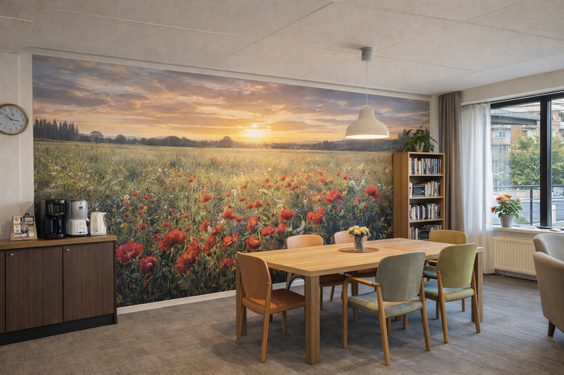 Visualisatie van een buurtkamer met thematische wandkunst