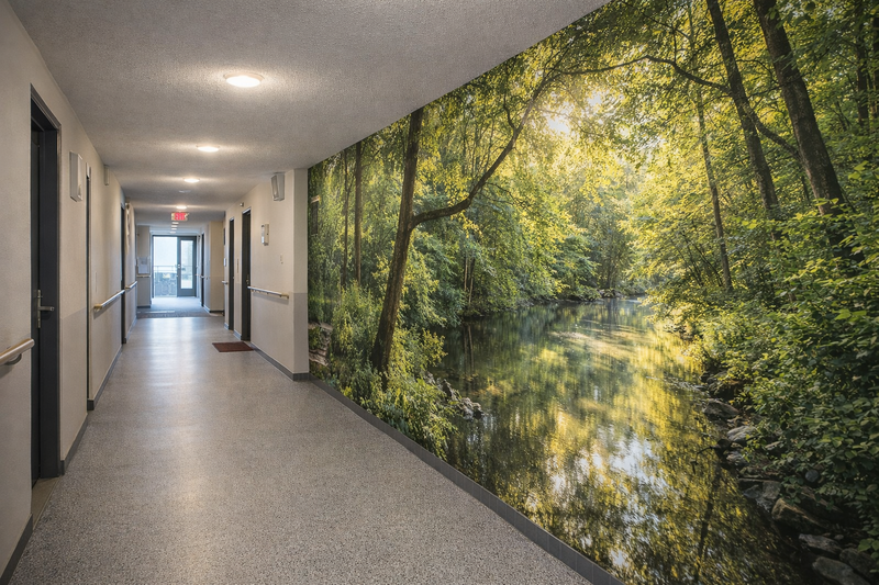 Visualisatie van een corridor met natuurkunst aan de wand