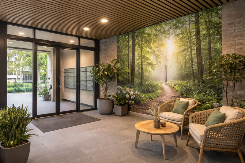 Visualisatie van kunst in de hoofdingang van een wooncomplex