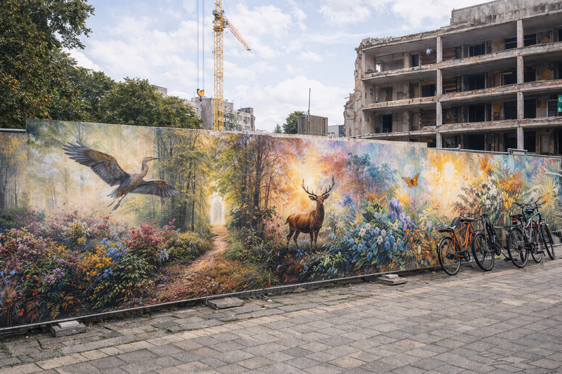 Visualisatie van tijdelijke kunst rondom een renovatieproject