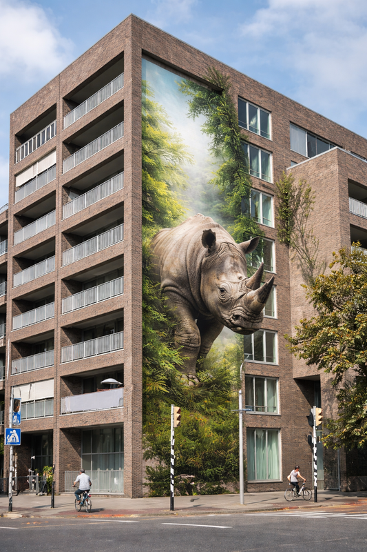 Visualisatie van opvallende gevelkunst aan een wooncomplex